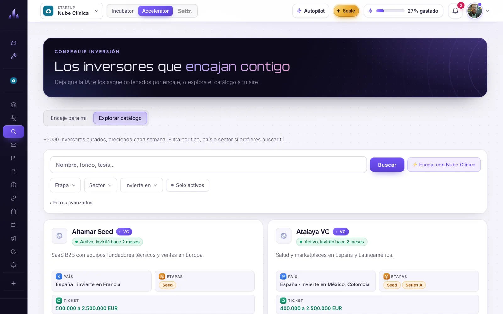 Dashboard screenshot: the investor catalog with example funds and business angels
