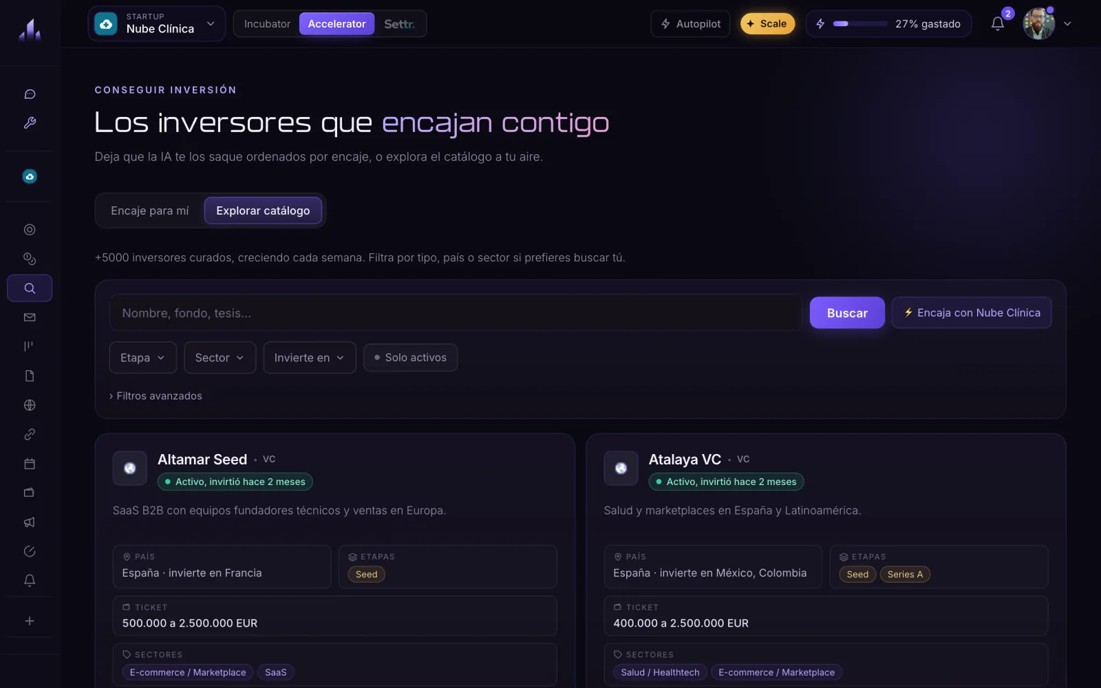 Dashboard screenshot: the investor catalog with example funds and business angels