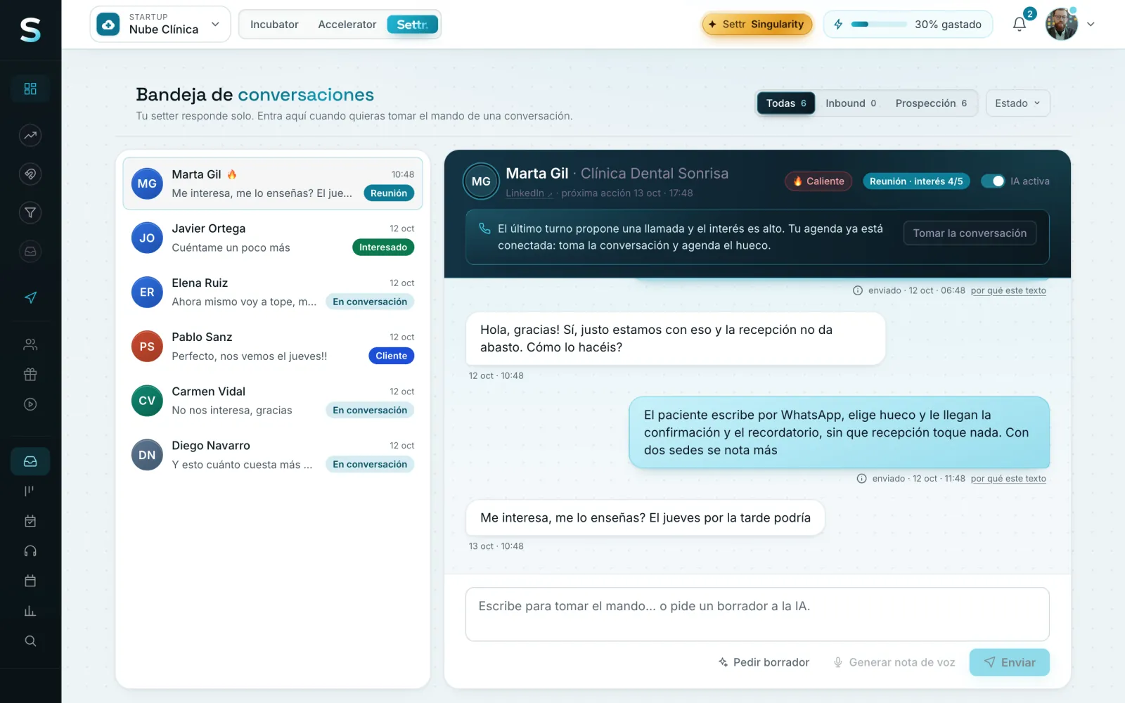 Dashboard screenshot: Settr's conversation inbox with an interested lead
