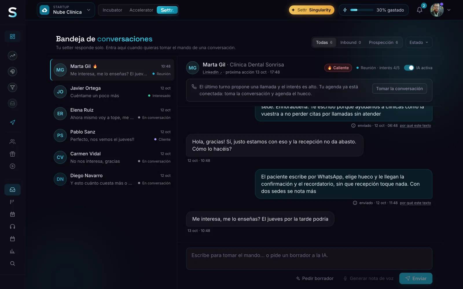 Dashboard screenshot: Settr's conversation inbox with an interested lead