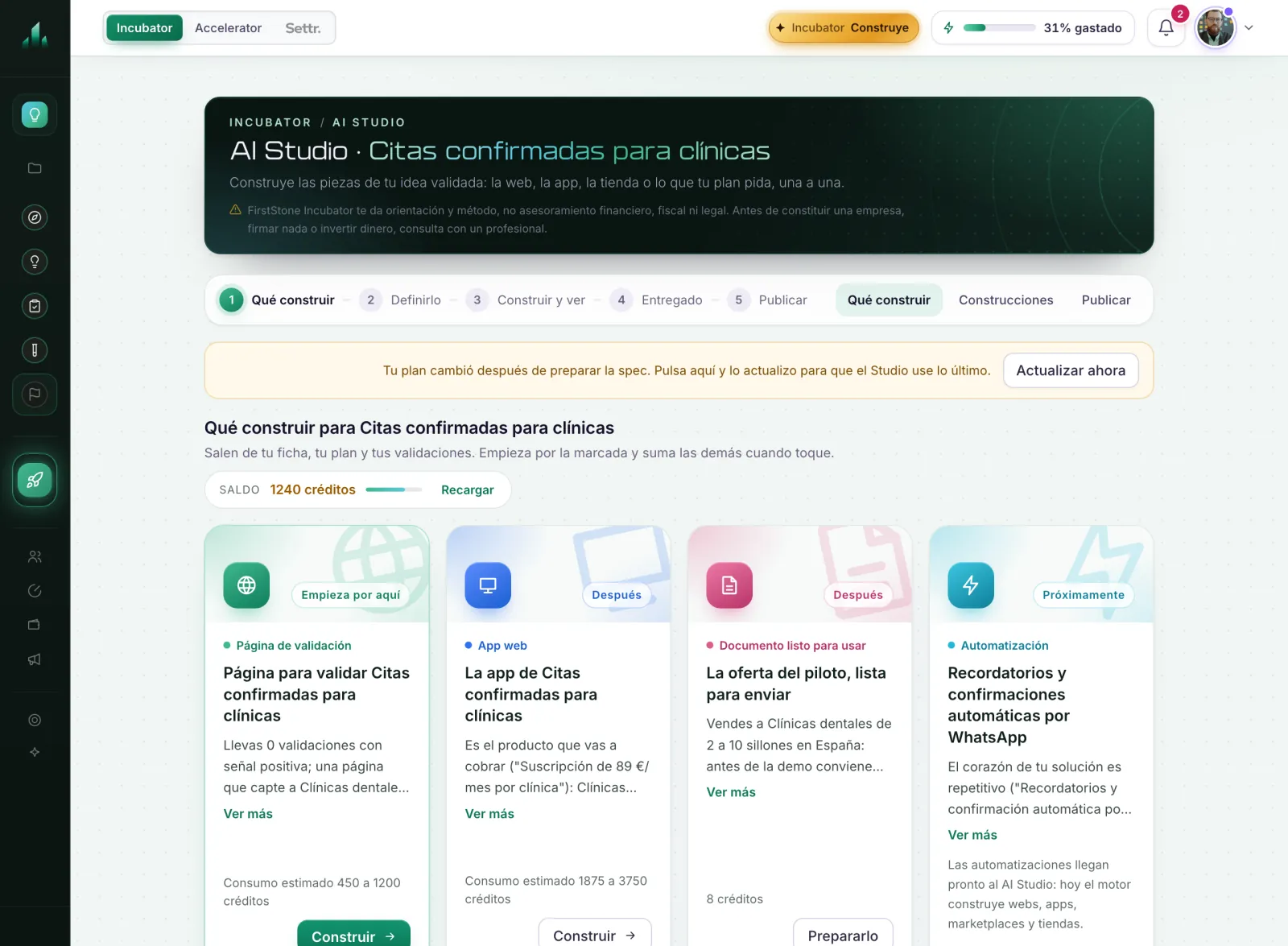 Dashboard screenshot: AI Studio proposing what to build for a validated idea