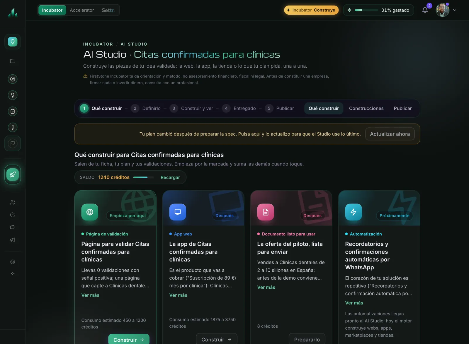 Dashboard screenshot: AI Studio proposing what to build for a validated idea