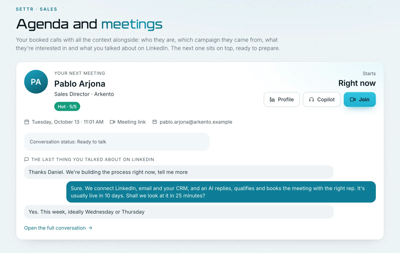 Settr calendar with this week’s sample meetings