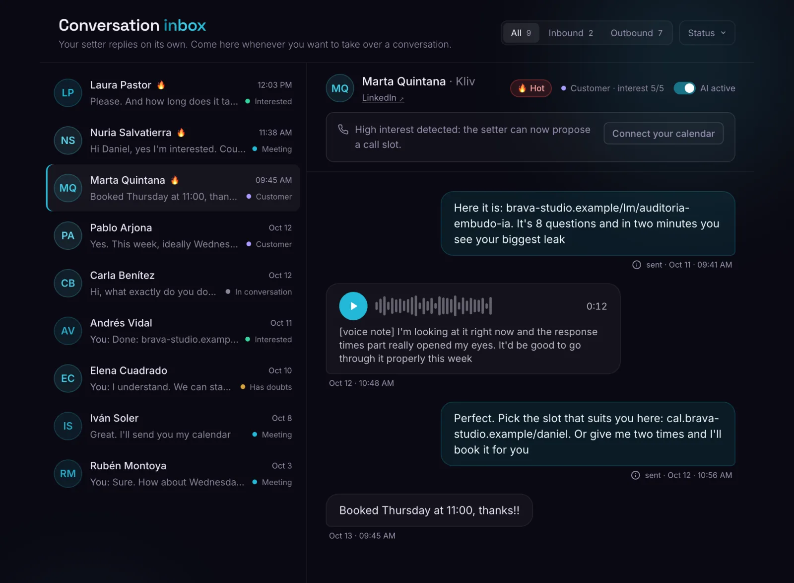Settr inbox with a sample thread open